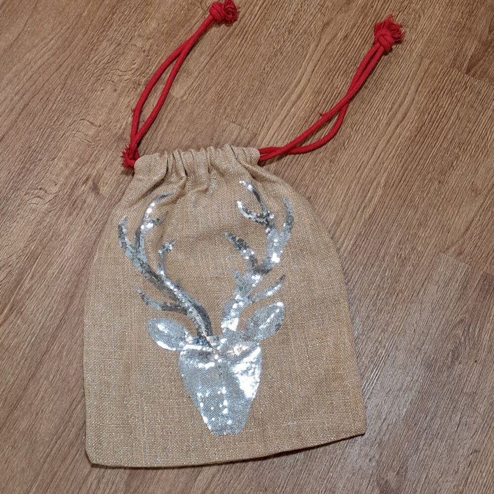 Jute Burlap Reindeer Holiday Bag NWOT